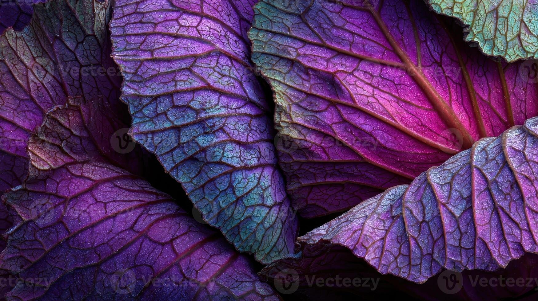 Close up view of vibrant purple cabbage leaves showcasing intricate crinkled texture and natural patterns photo