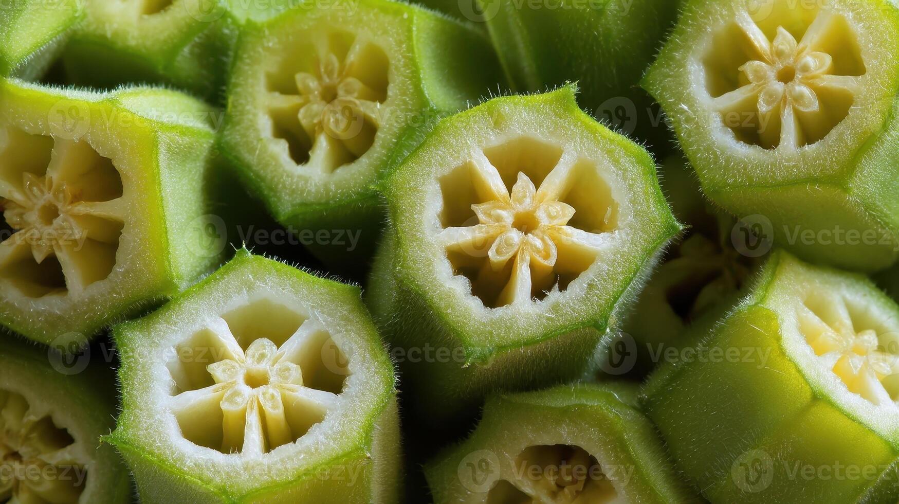 Macro shot of sliced okra revealing unique star shapes and vibrant green colors photo