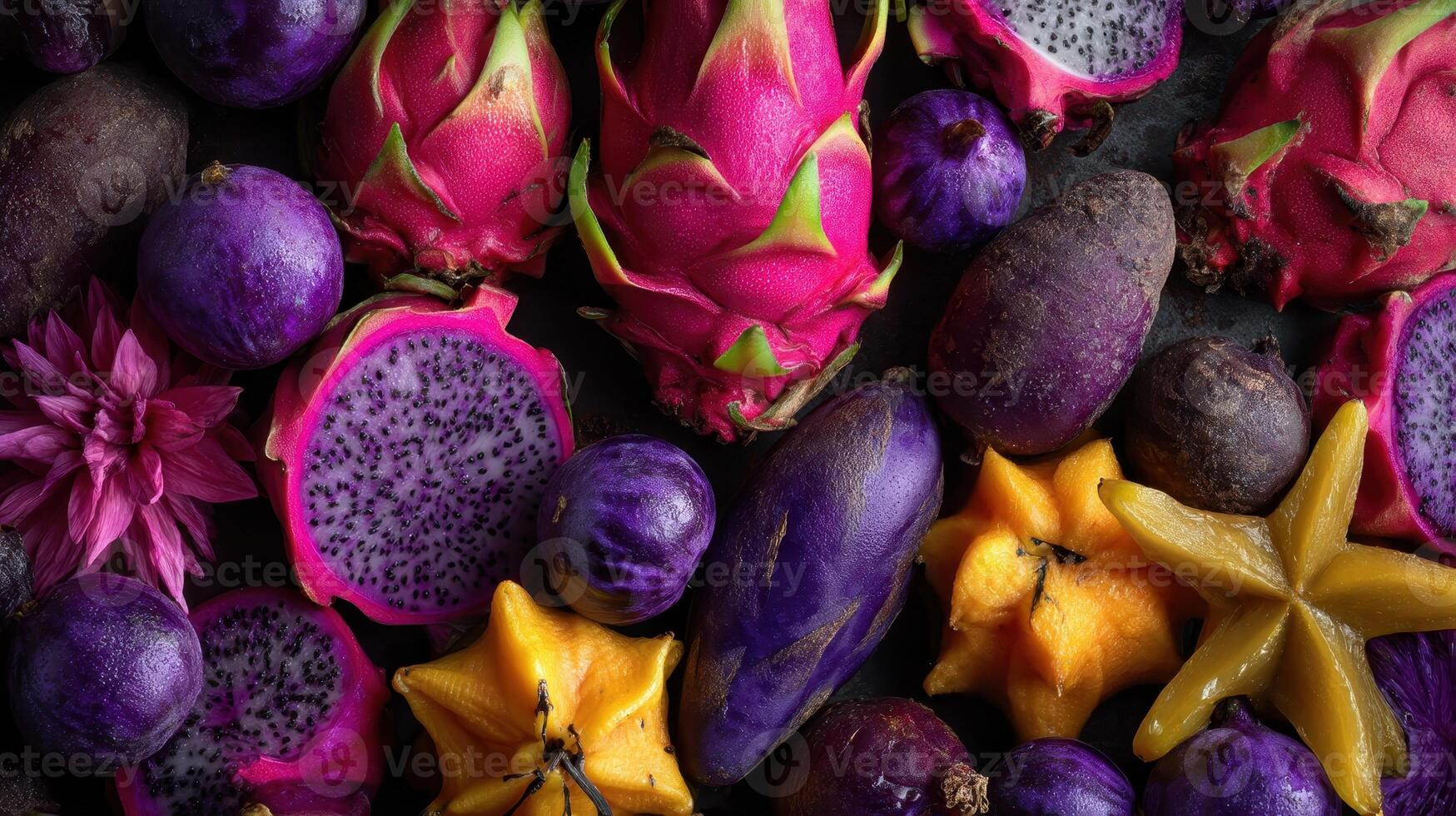 Vibrant close up of exotic fruits and vegetables showcasing their unique colors and textures photo