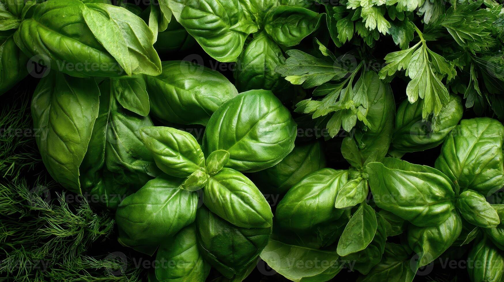 Freshly harvested herbs basil mint parsley arranged densely for culinary use in a kitchen setting photo