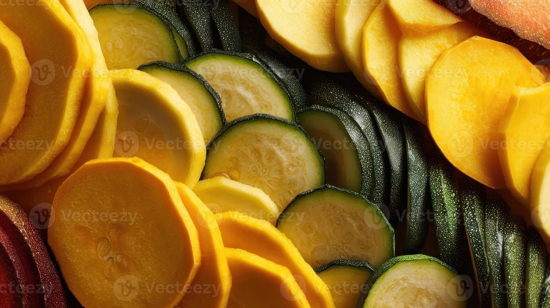 Mixed varieties of butternut squash and other squash displayed in a colorful macro arrangement photo
