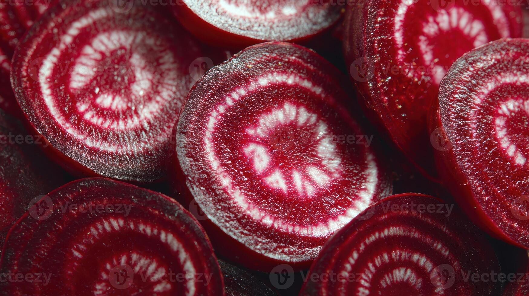 Deep red beet slices showcase intricate patterns and rich colors in natural light setting photo