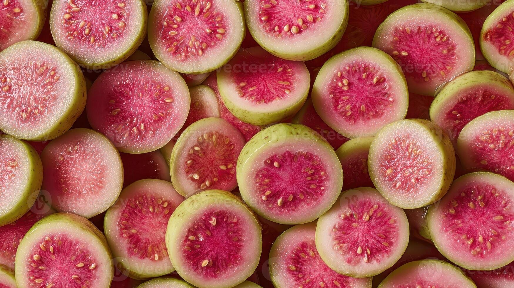 Freshly cut guavas with pink centers arranged neatly and showcasing scattered seeds photo