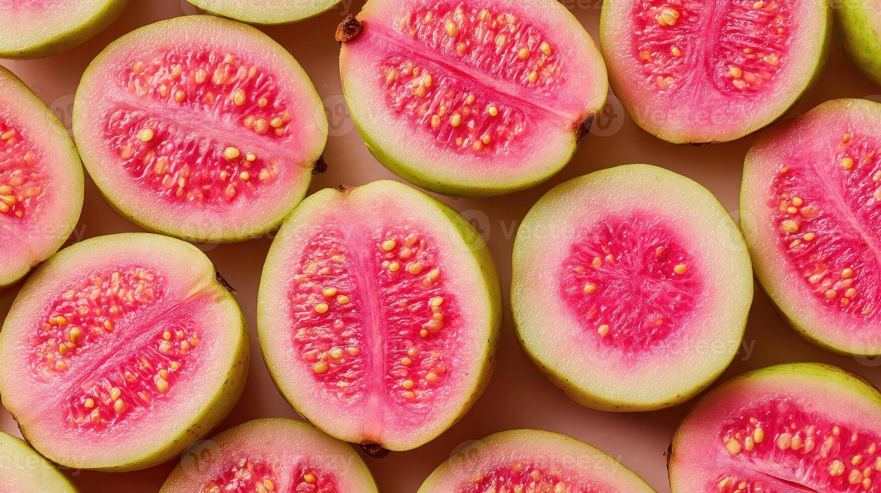 Freshly sliced guavas with pink centers and scattered seeds arranged beautifully for presentation photo