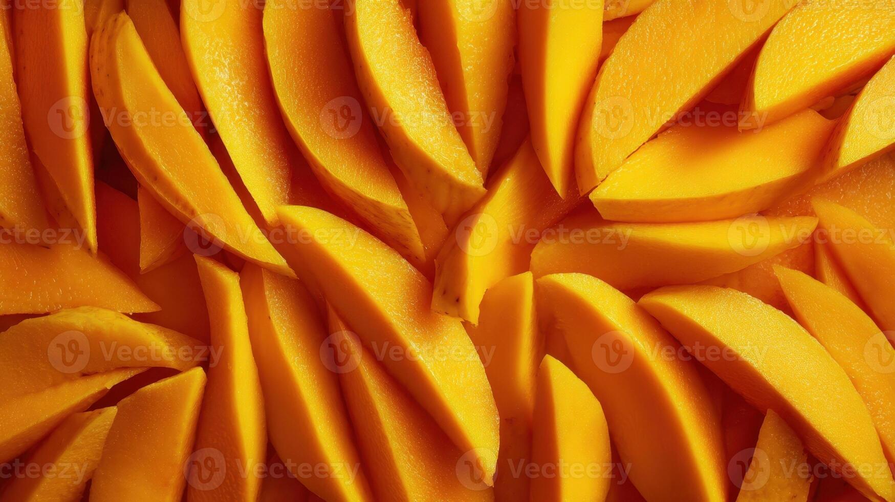 Slices of vibrant orange fruit arranged chaotically on a flat surface highlighting freshness and color photo