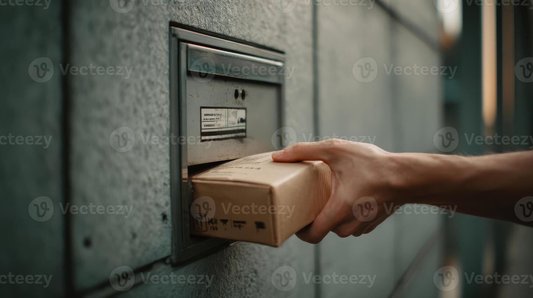 Hand places a secure package into a drop box in an urban setting during the late afternoon photo