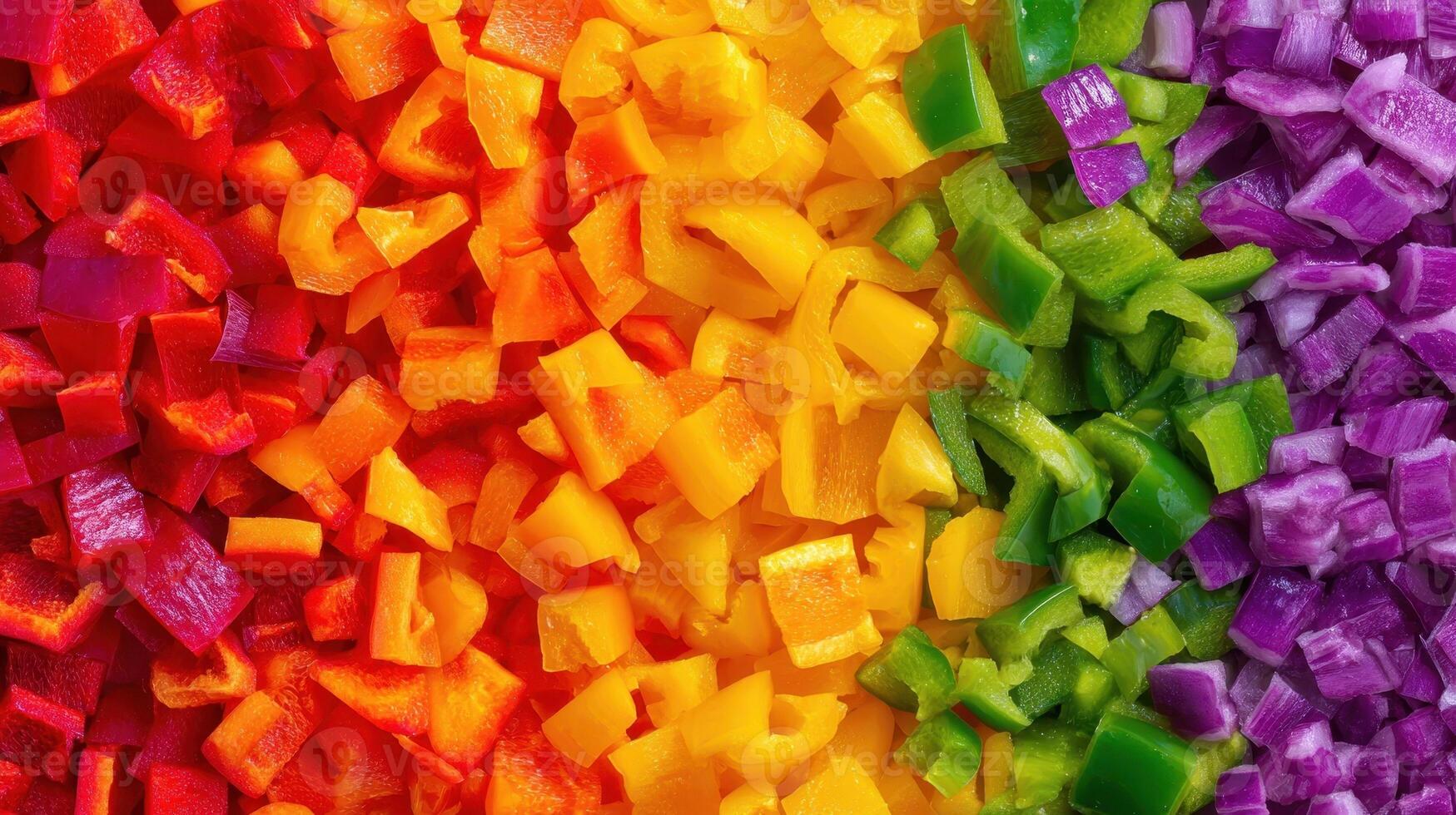Chopped bell peppers arranged in a colorful rainbow pattern on a cutting board in the kitchen photo