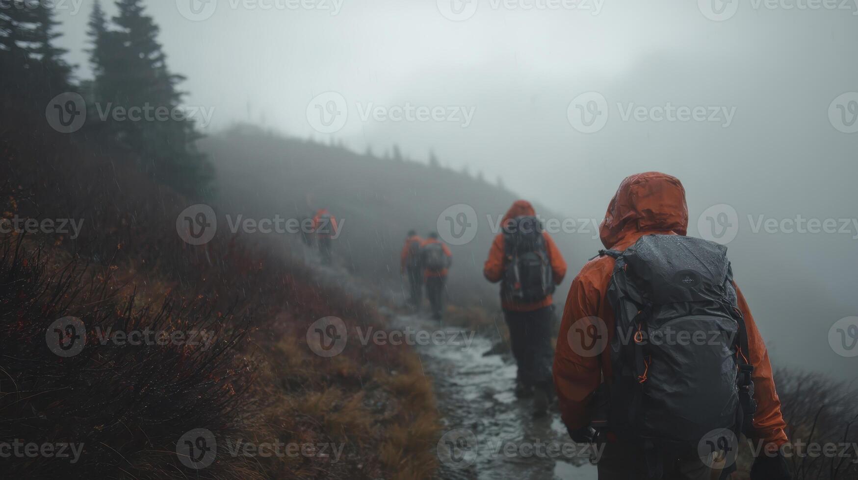 Group of hikers wearing reflective gear trekking along a misty mountain trail during overcast weather photo