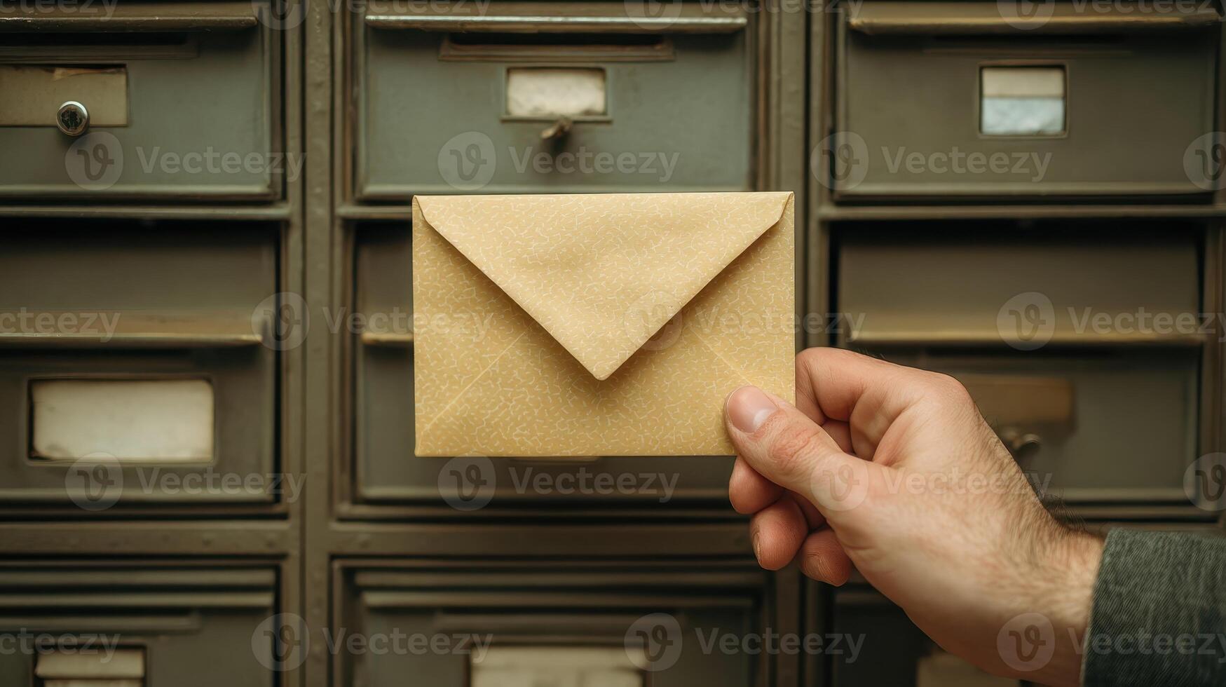 Hand removes a bubble mailer from shared mailbox in a cozy indoor environment during daytime photo