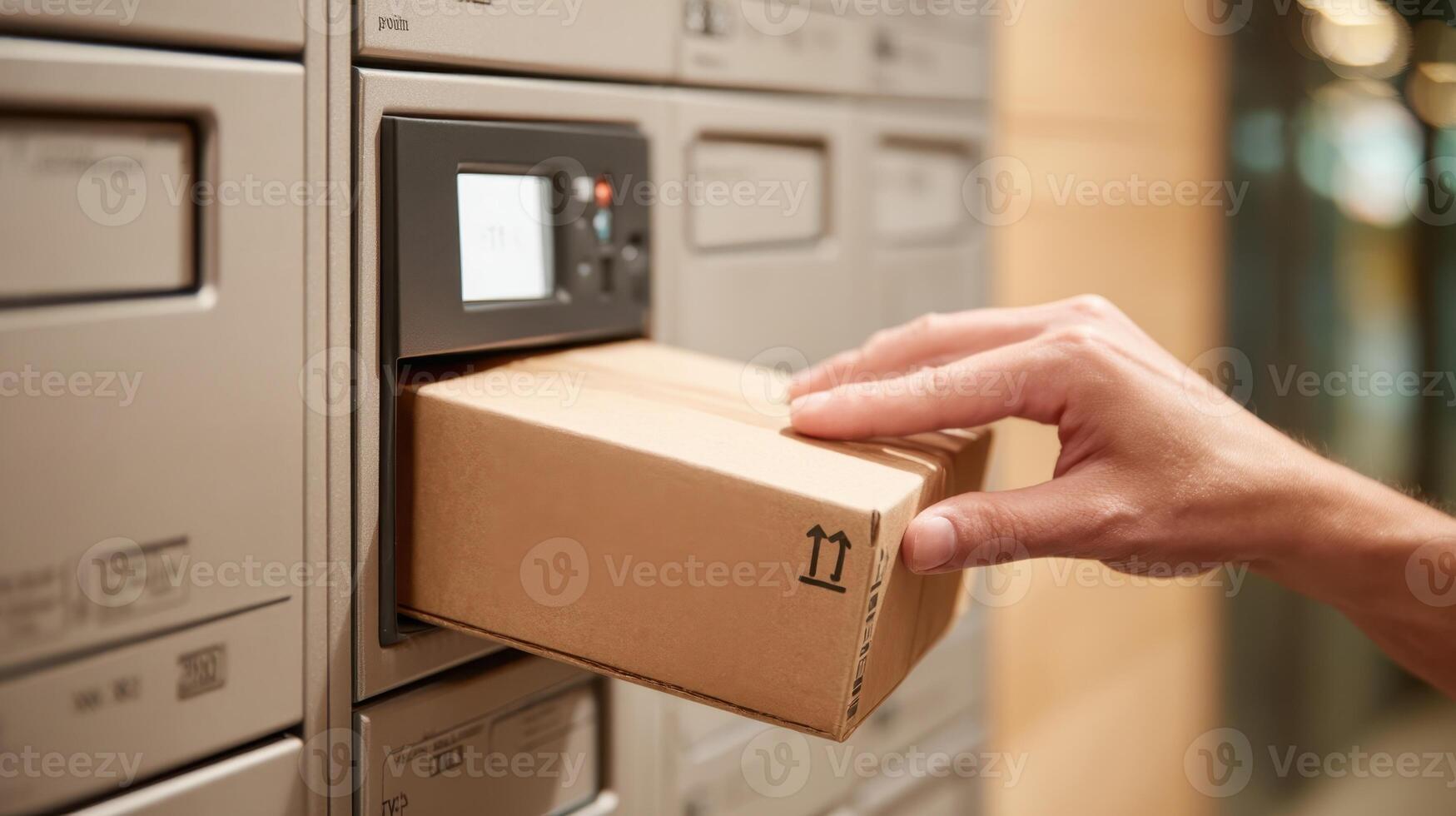 Hand opening a parcel locker to retrieve a delivery in a modern smart city environment photo