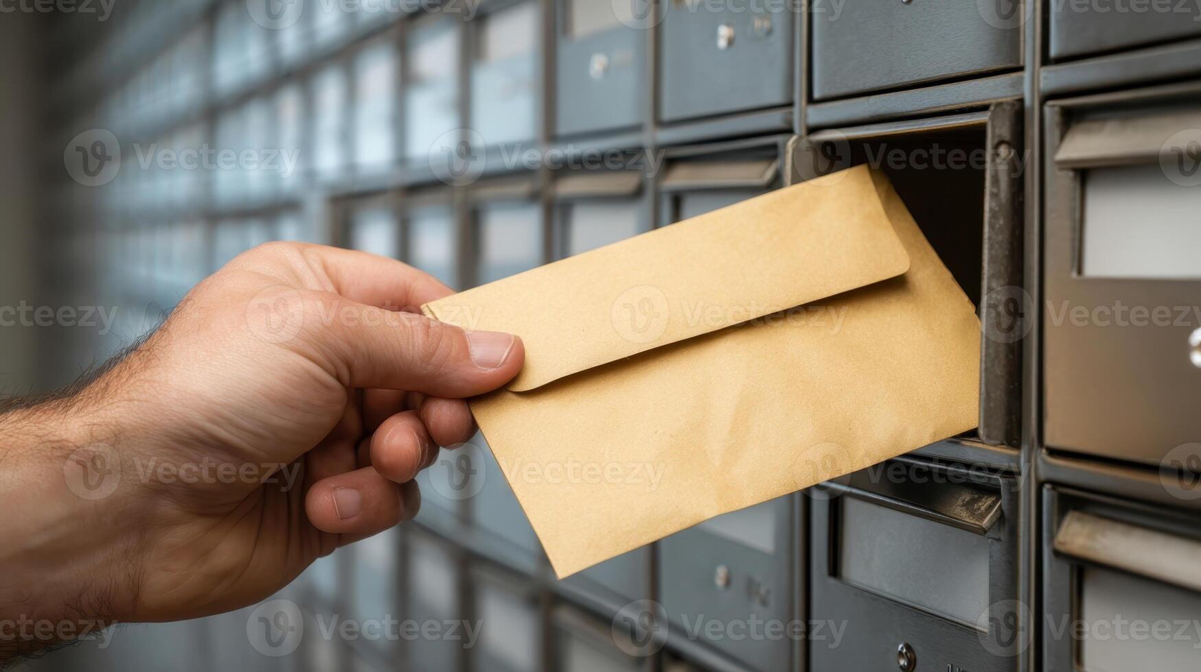 Hand retrieving a bubble mailer from a mailbox in a shared postal area during daytime photo