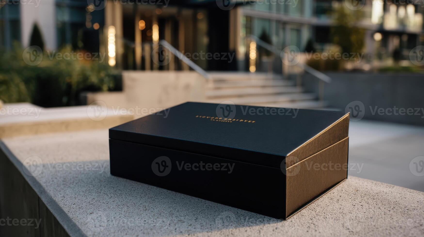 Elegant luxury package displayed in a sleek black box with shiny gold lettering outdoors photo