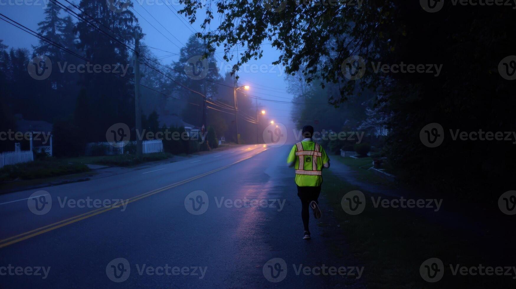 Jogger in a reflective vest runs along a dimly lit road during early morning hours photo