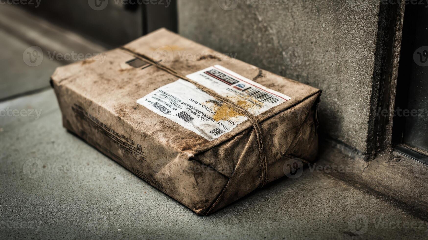 Lost package with a smudged label resting against a building in an urban environment photo