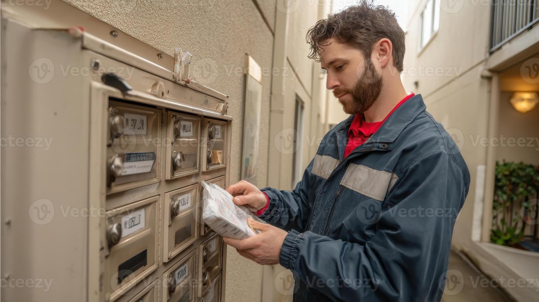 Mail carrier delivers package to cluster mailbox in residential area during daylight hours photo