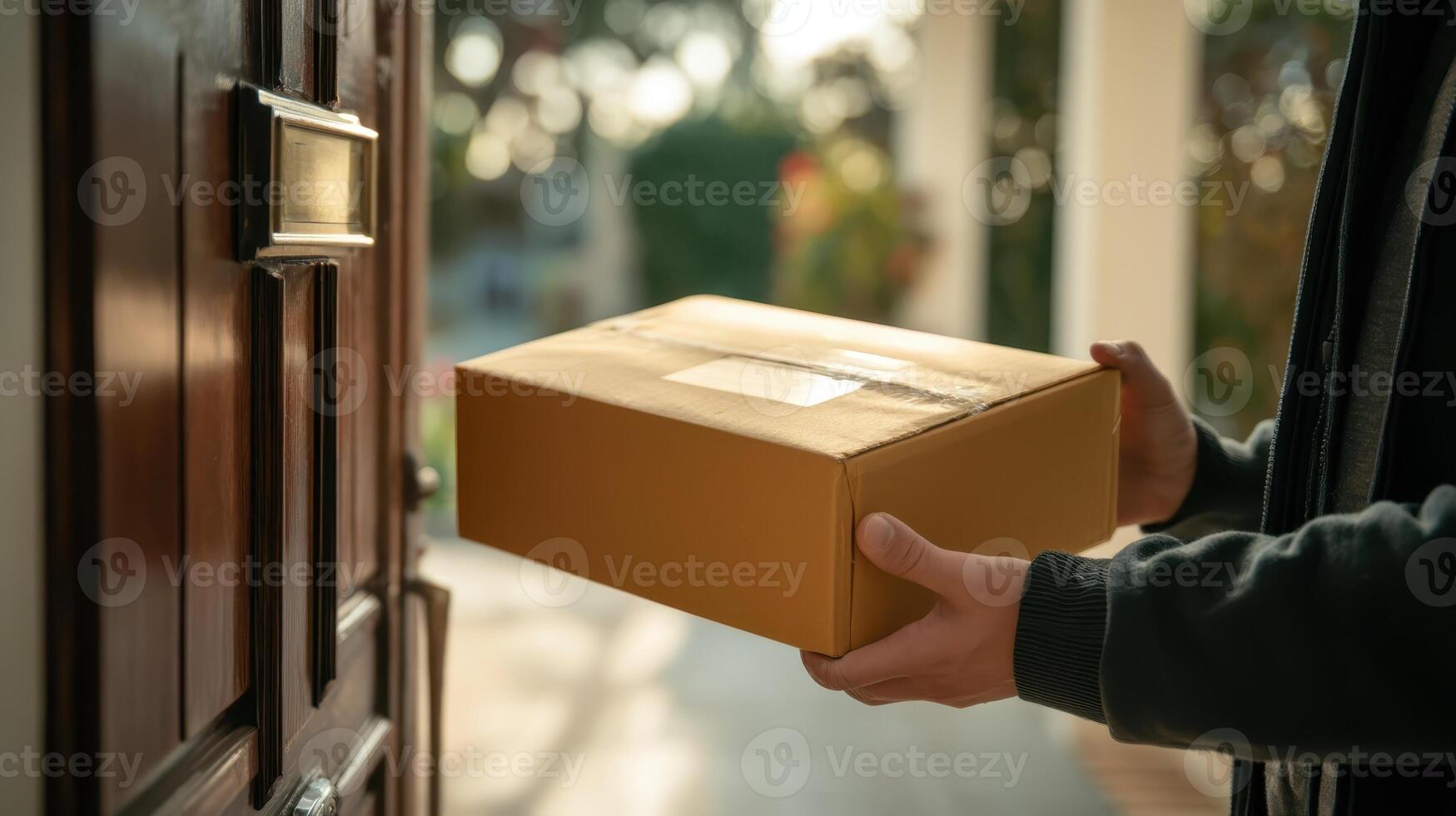Package delivered to the wrong address by a person standing at a door during late afternoon sunlight photo