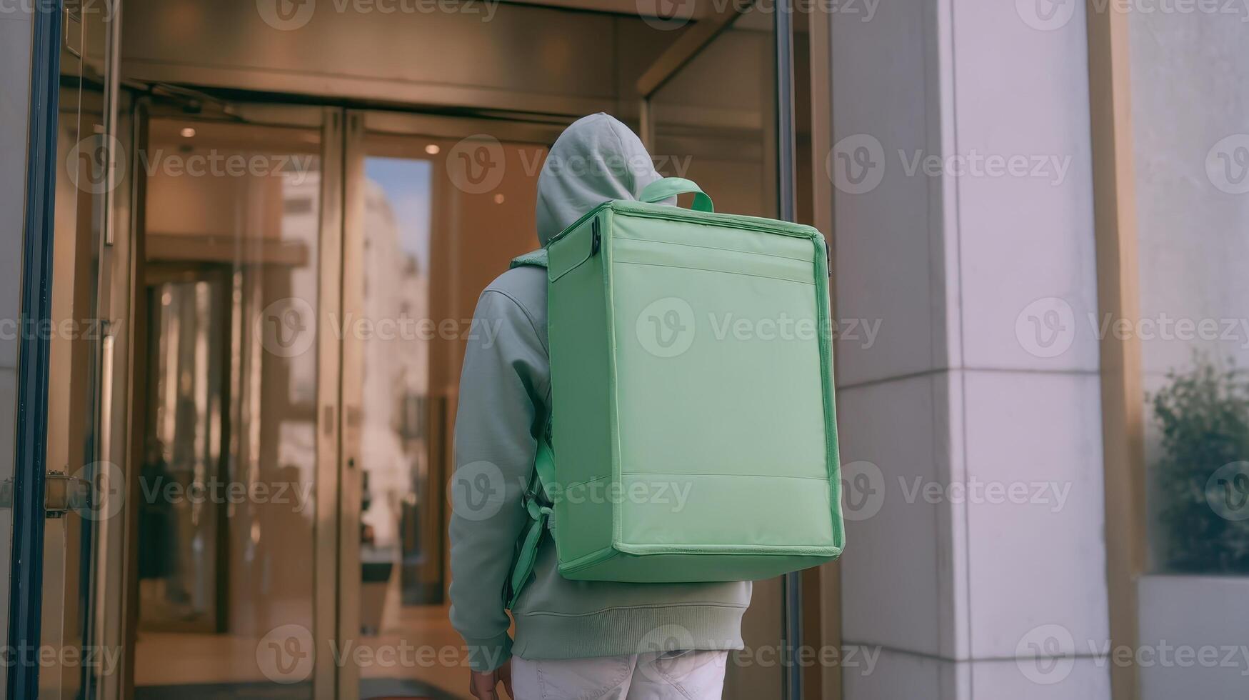 Delivery person approaches a building entrance carrying a green delivery bag in a bustling city environment photo