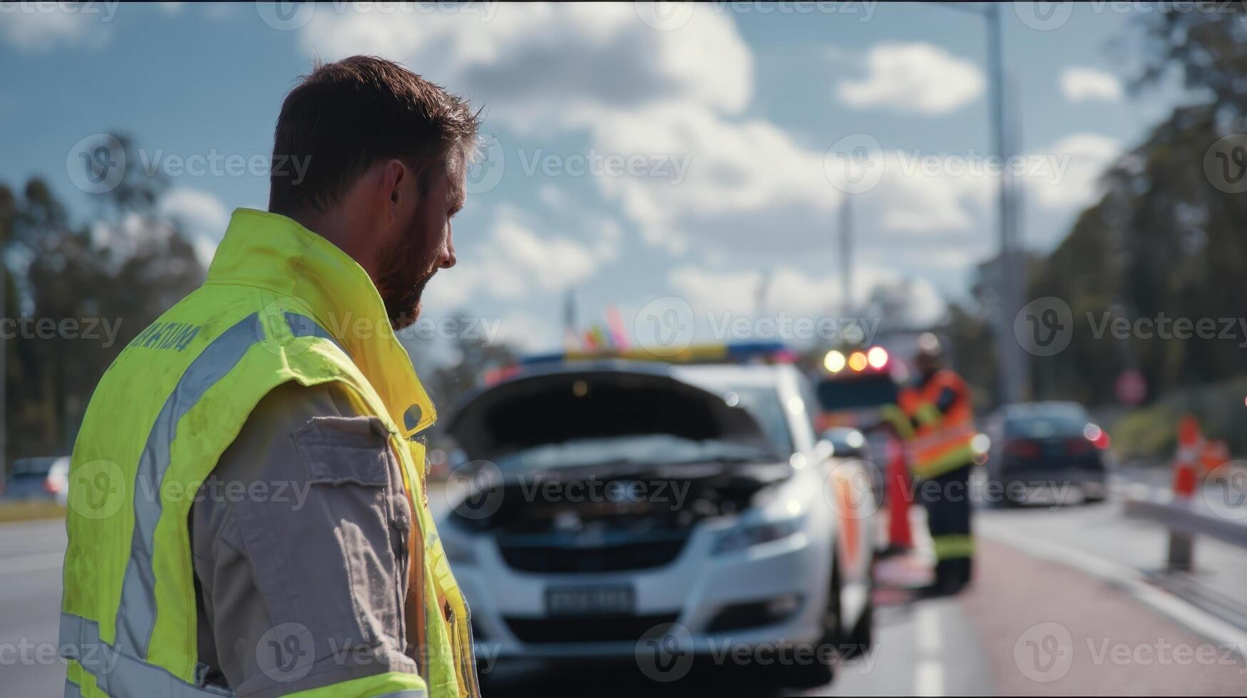 Firefighter in high visibility vest assisting at roadside emergency on a sunny day photo