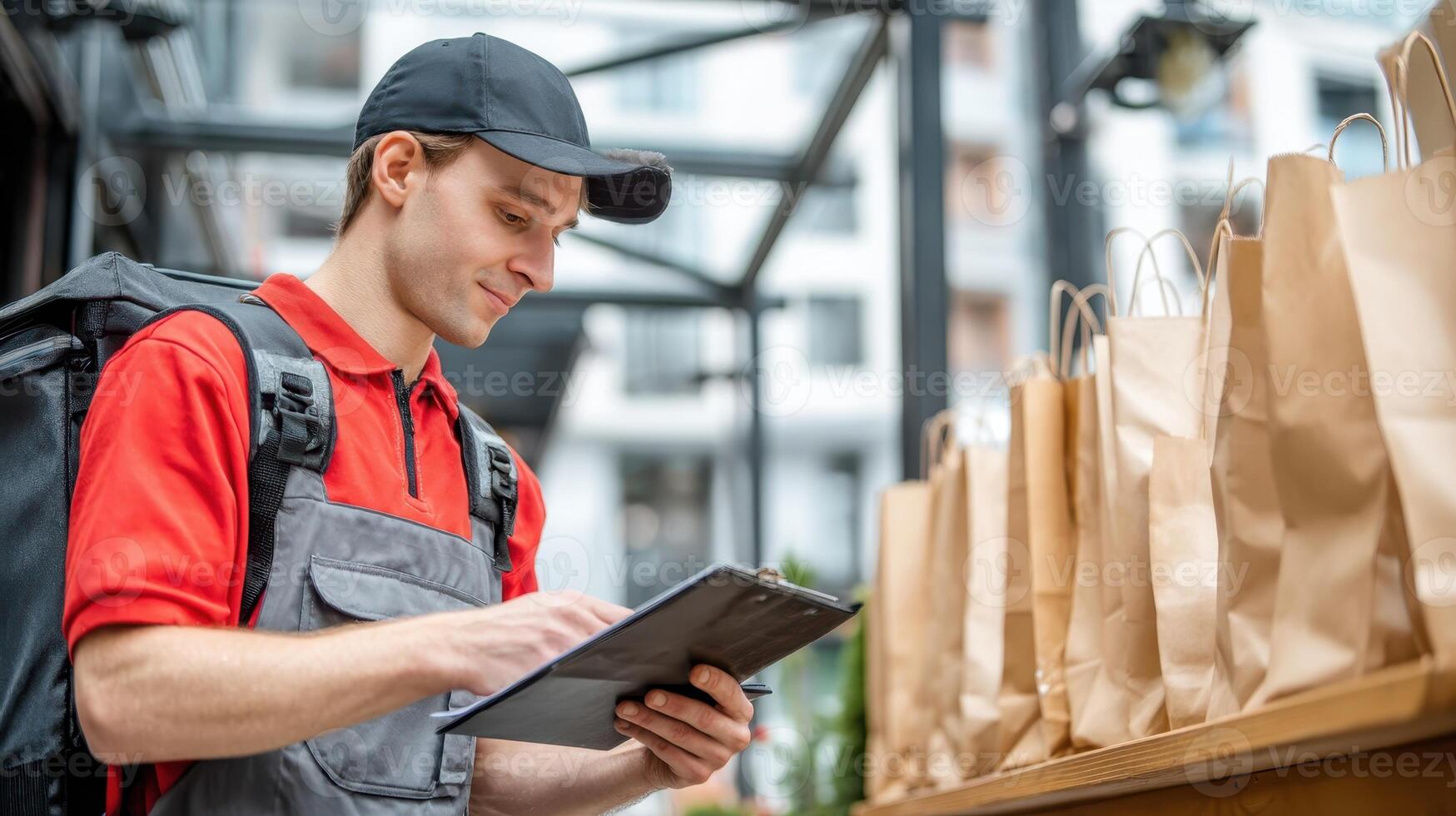 Delivery worker double checks order list at urban pickup location in midday sunlight photo