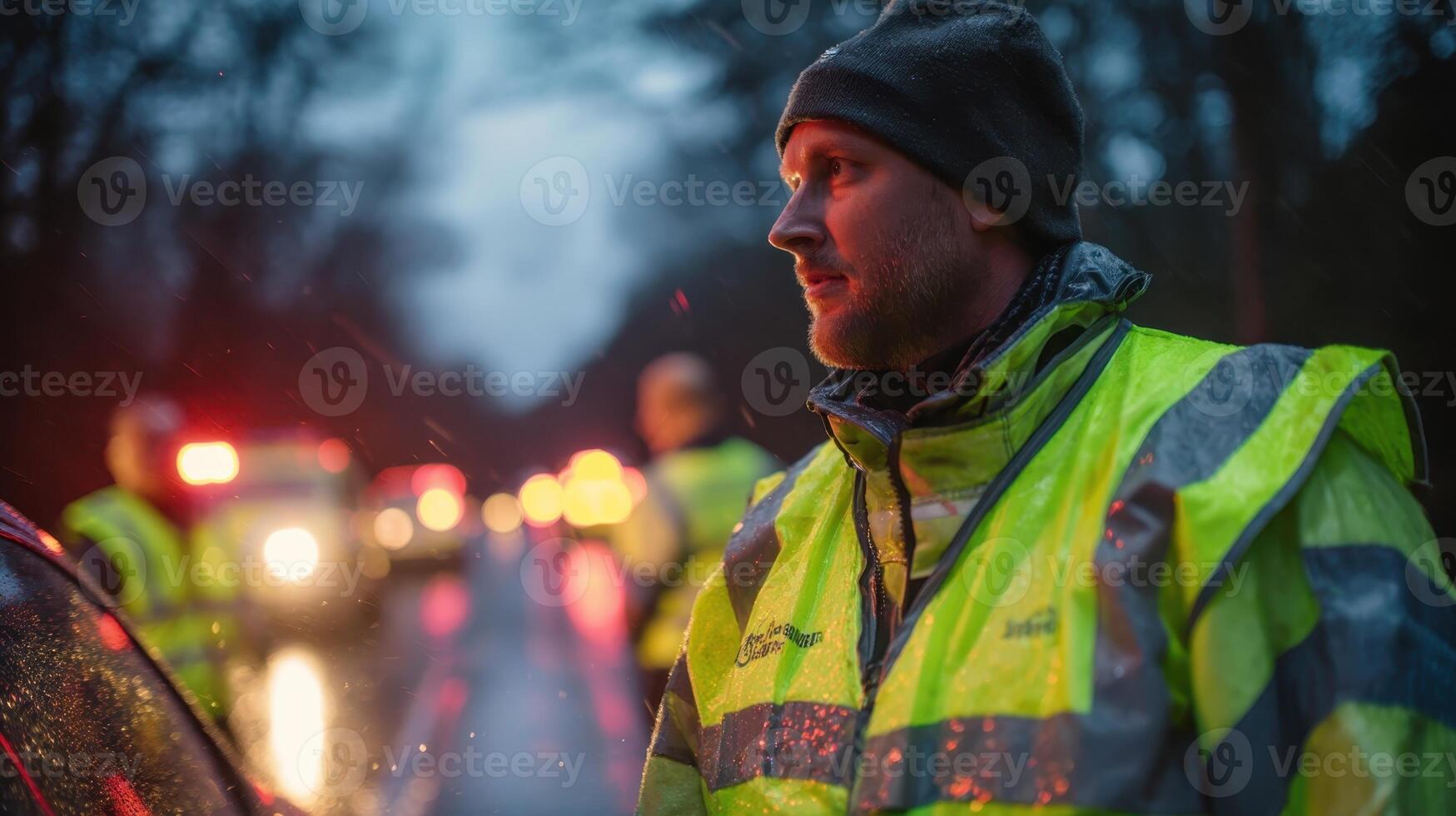 Firefighter in high visibility vest assisting at roadside rescue operation during twilight hours photo