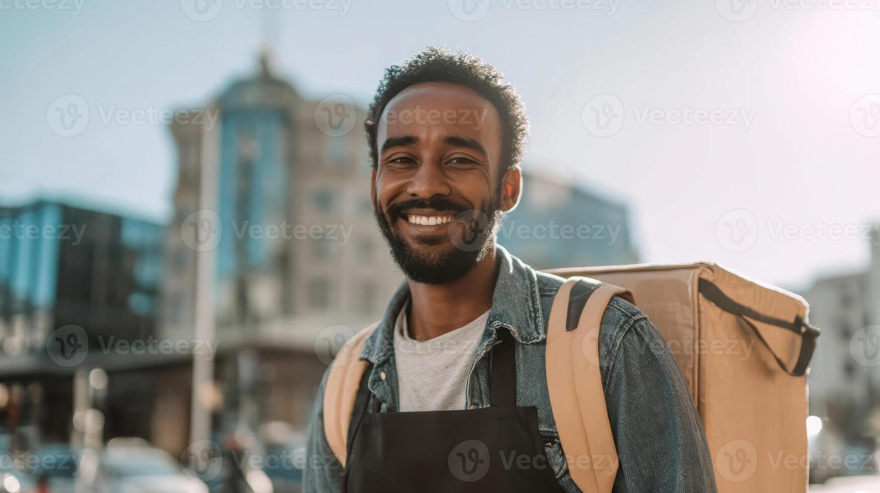 Smiling food delivery person enjoying sunny day after successful delivery in urban setting photo