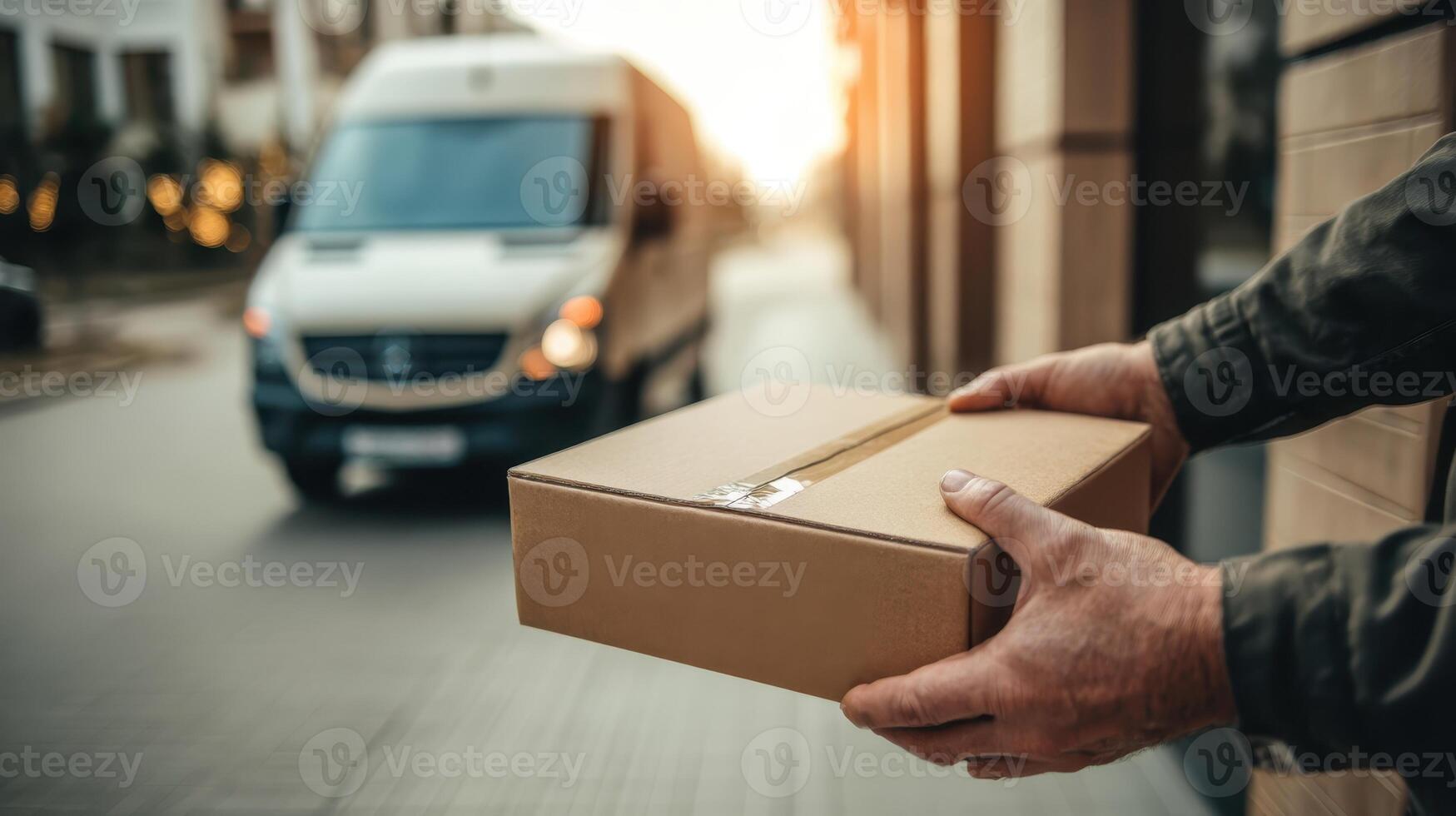 Hands picking up a delivery package from the doorstep in the evening light photo