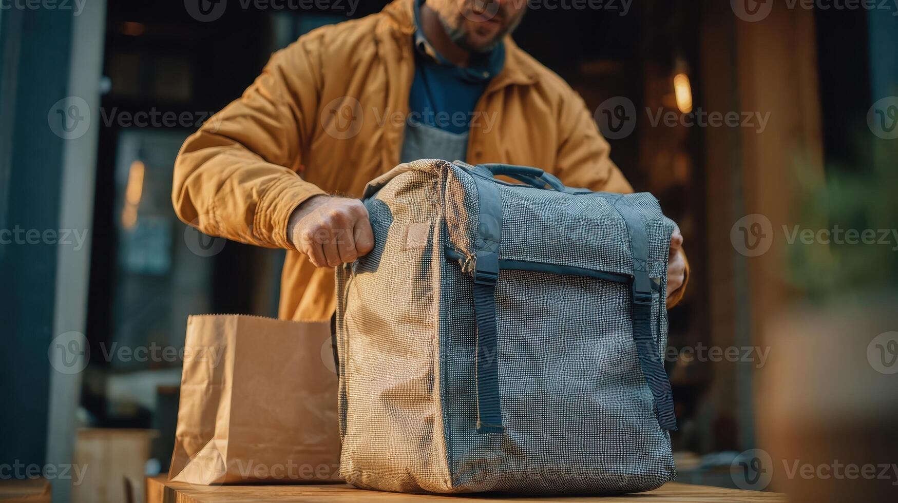 Food delivery worker prepares to close backpack after completing delivery service task in urban area photo