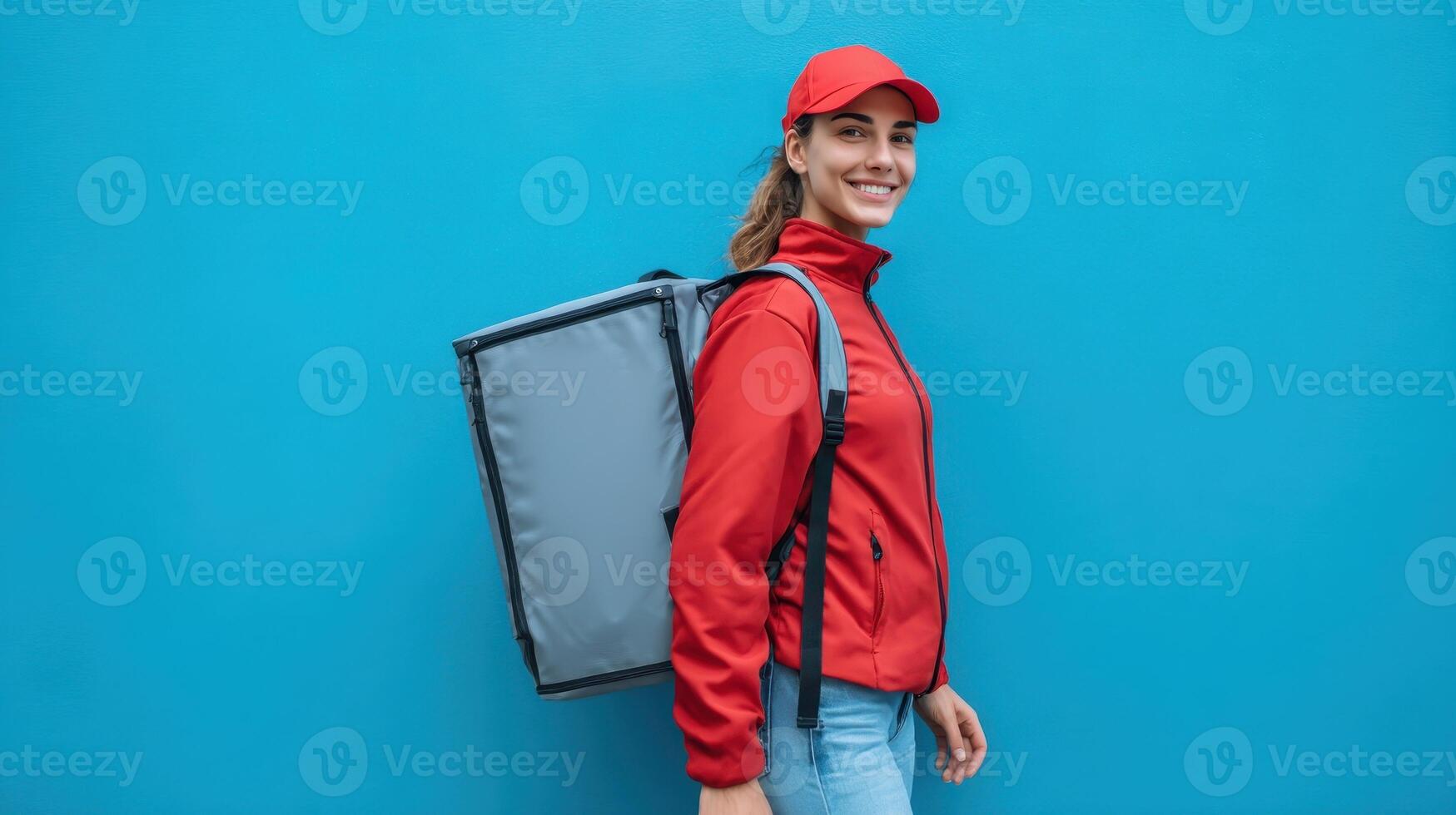Food delivery person smiles confidently while wearing a red jacket and carrying a delivery bag photo