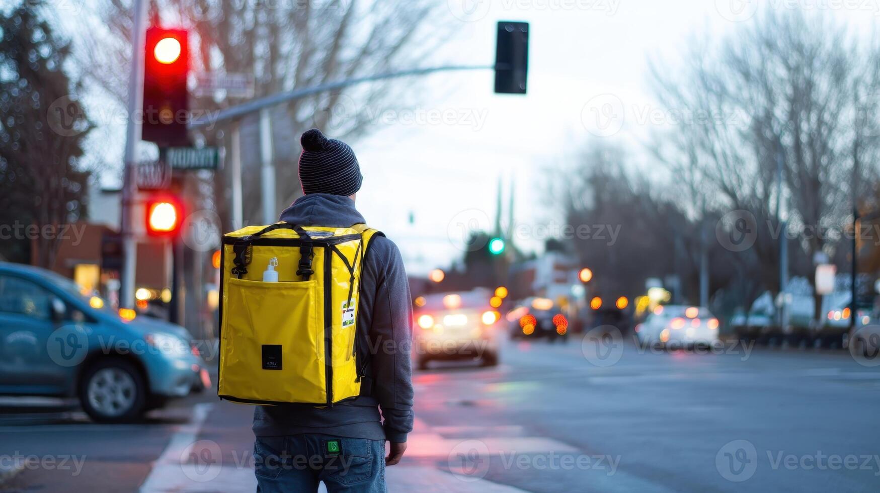 Delivery worker waits at a traffic light in an urban setting during early evening hours photo