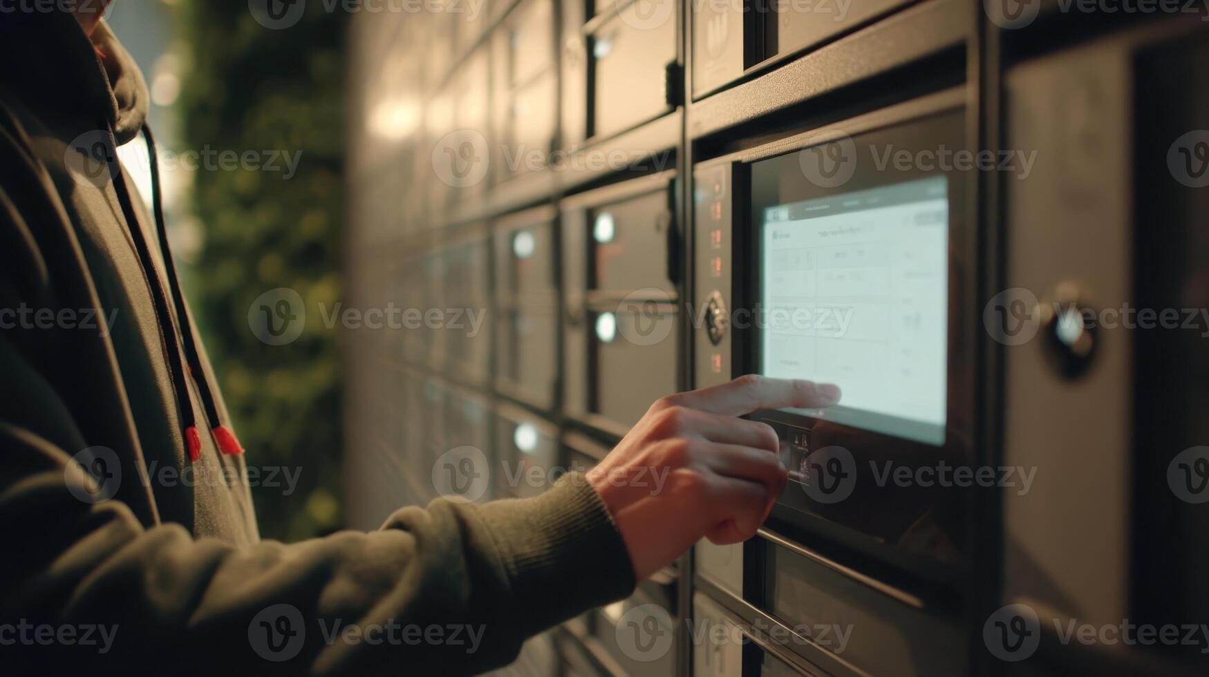 Person enters code on digital parcel lock at night to retrieve package from secured locker photo