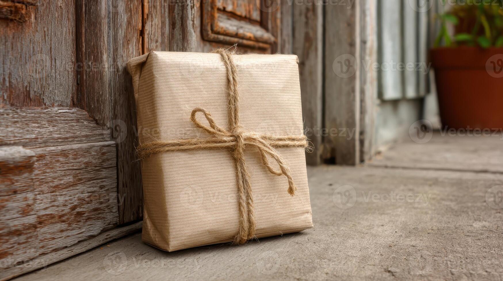 Package wrapped in brown paper and twine is placed at the entrance of a rustic wooden door photo