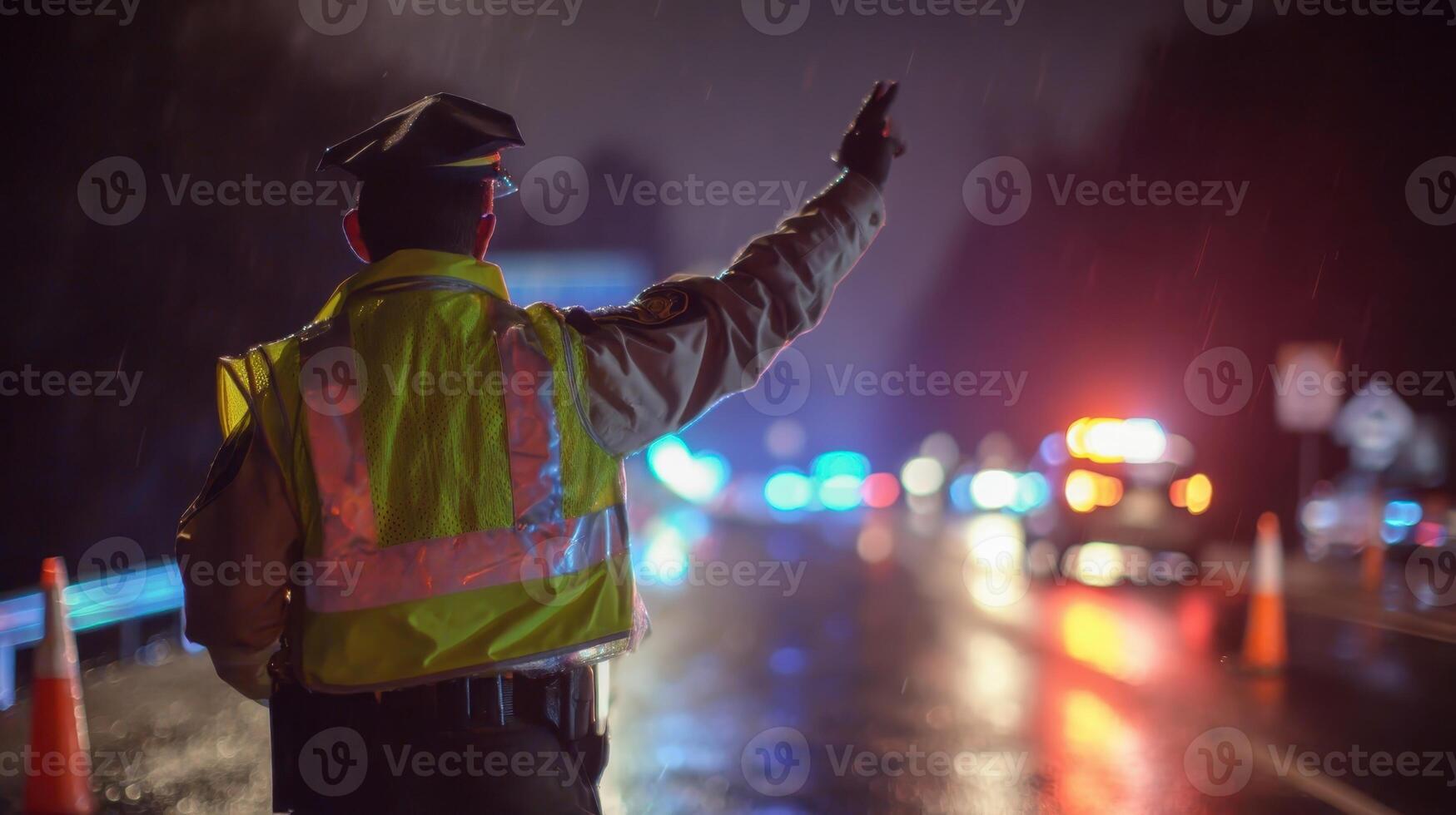 Police officer in reflective vest directing traffic during rainy night on busy highway photo