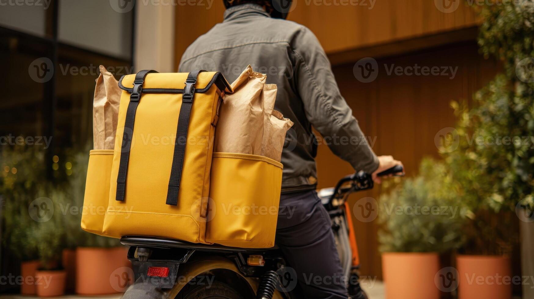 Rider makes final adjustments to yellow backpack before starting delivery in urban area photo