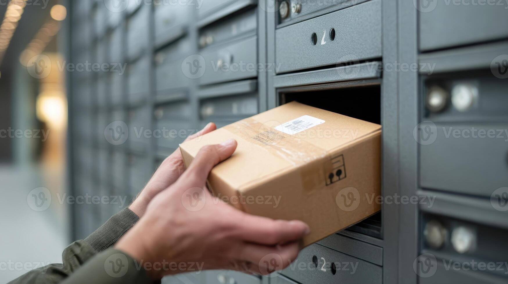 Person unlocking a parcel locker to retrieve package during daylight hours photo