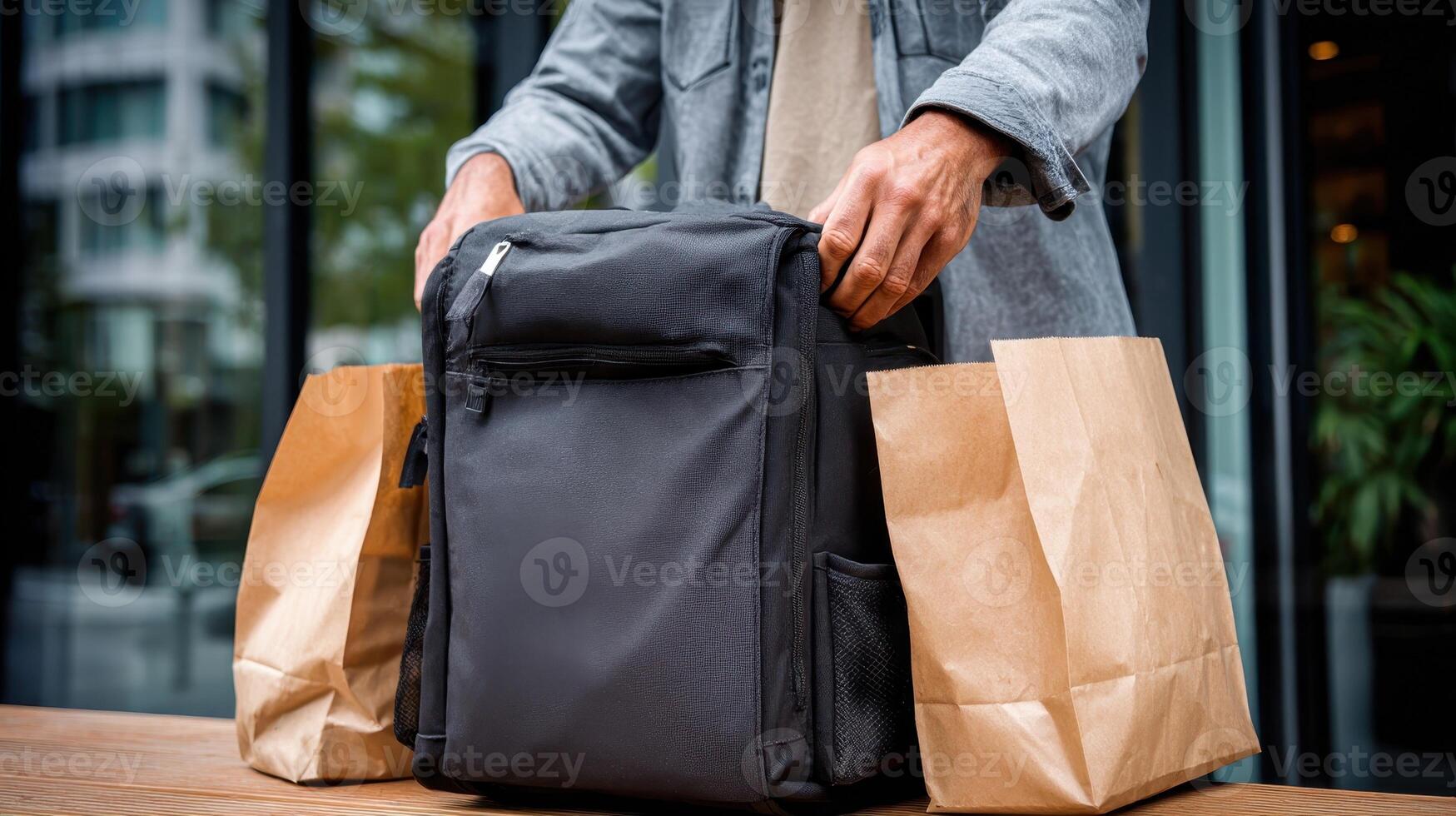 Food delivery worker preparing to close a square shaped bag for orders in an urban setting photo