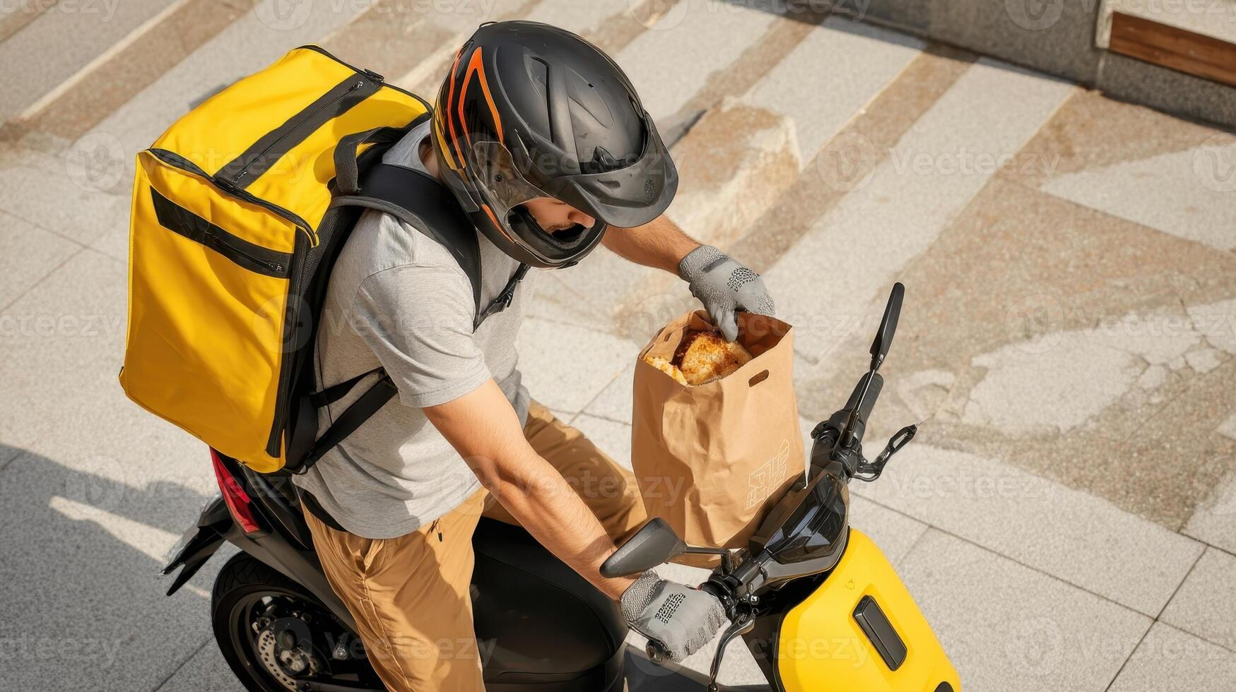 Delivery rider parks scooter to retrieve food order from bag at urban location during daytime photo