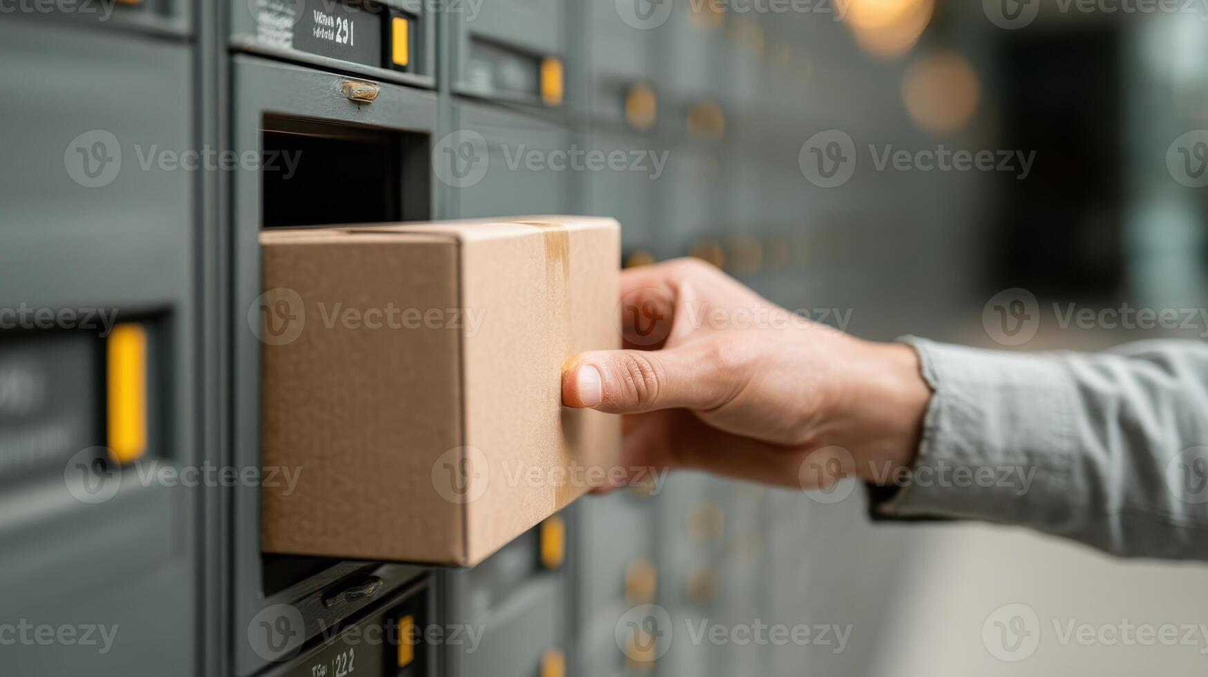 Hand opens parcel locker for smart delivery service in urban location during daytime photo