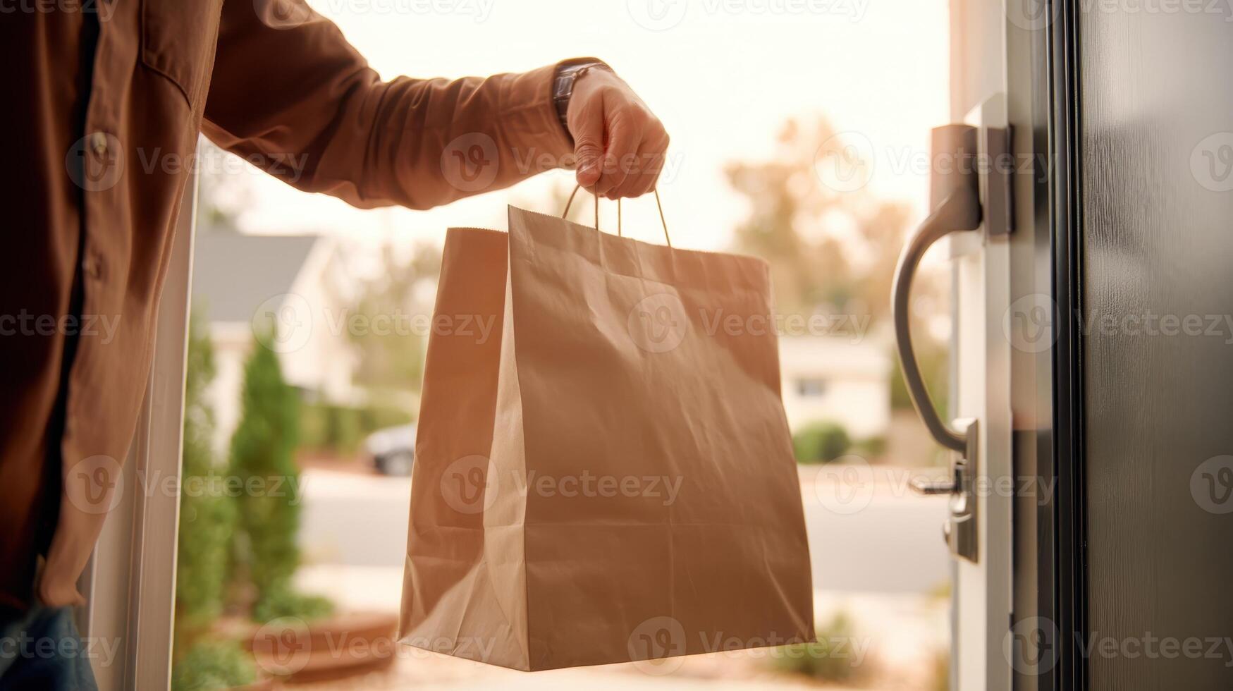 Food delivery person placing a paper bag on a doorstep during sunny afternoon hours photo