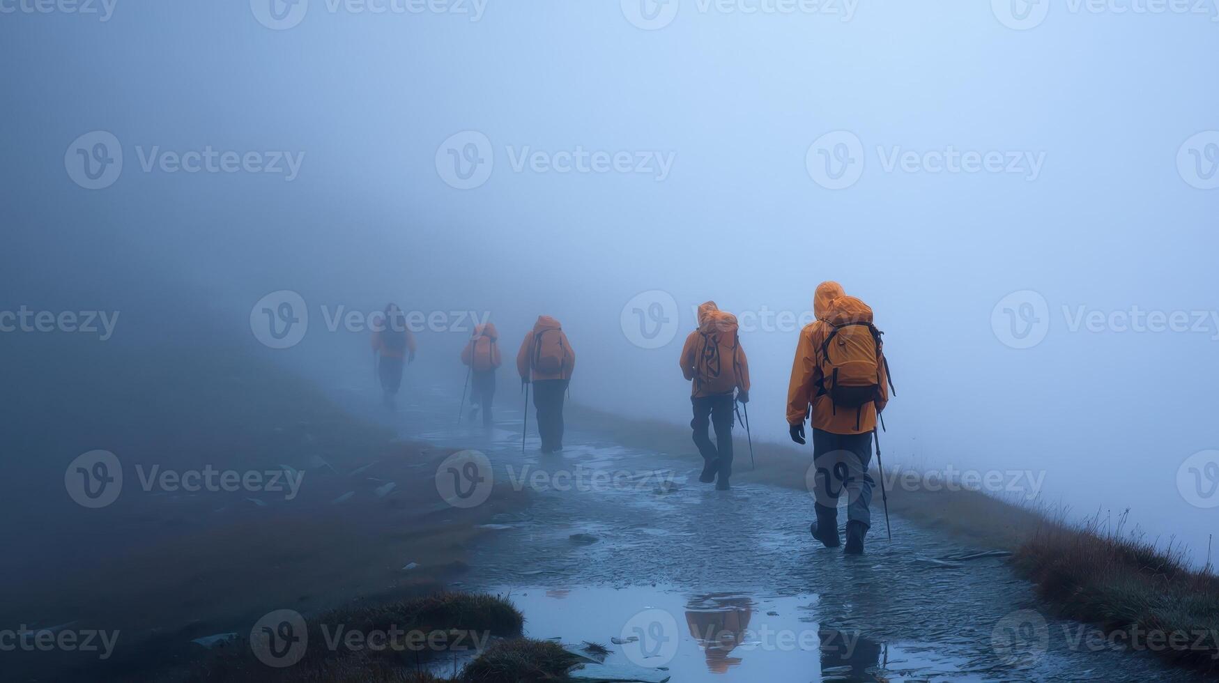 Group of hikers in reflective gear trekking through foggy terrain during an overcast day photo