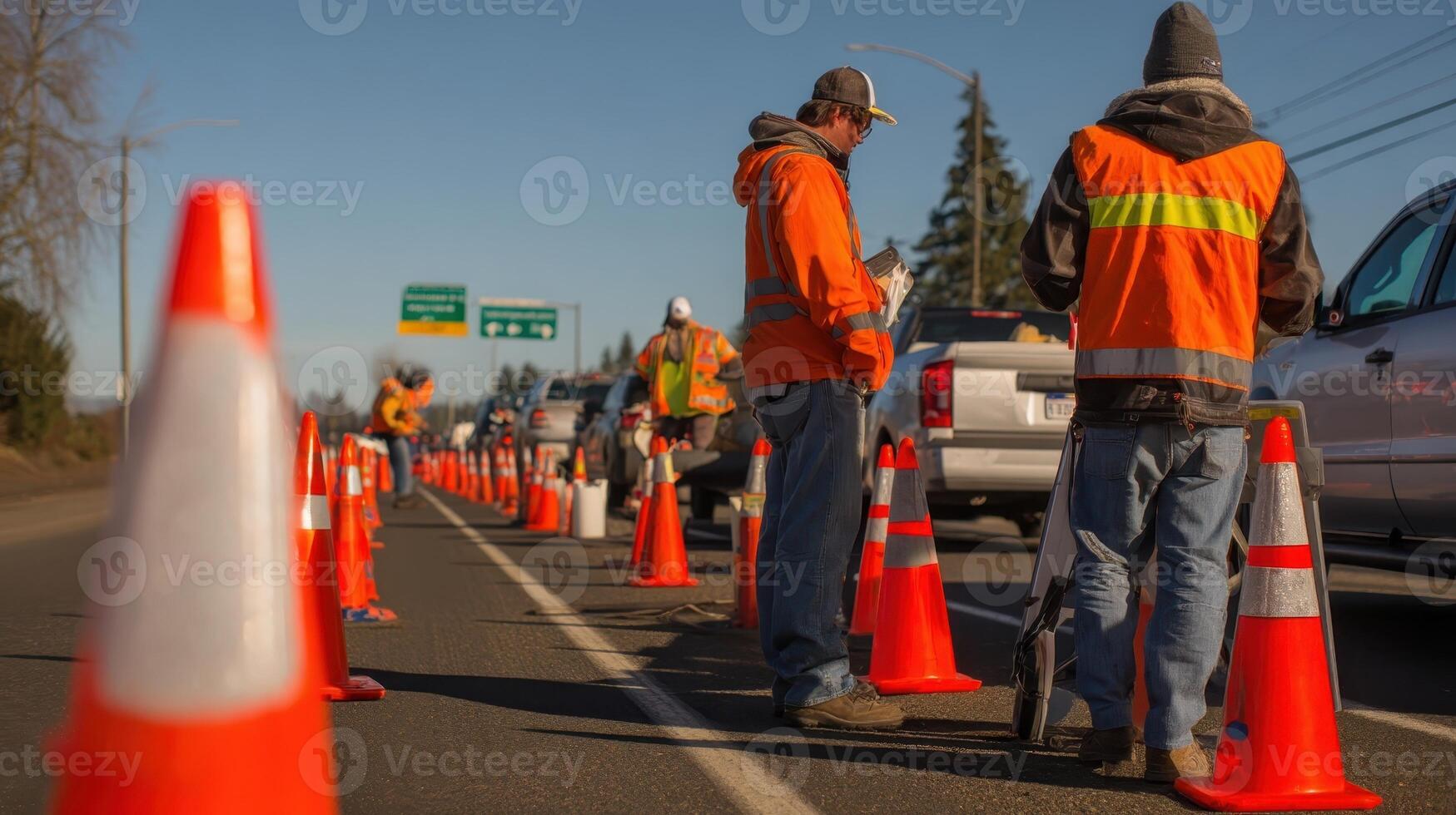 Road crew in orange safety vests working on traffic setup along busy highway in daylight photo