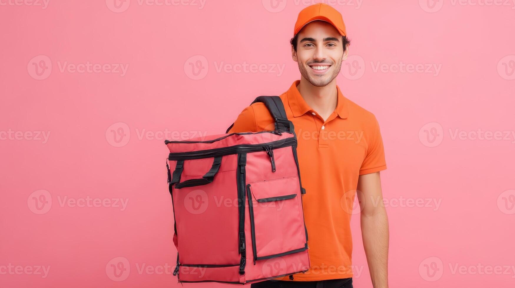 Food delivery person smiles after completing a successful delivery in a vibrant setting photo