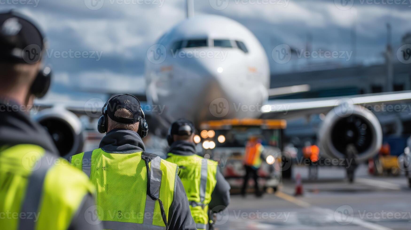 Ground crew in high visibility vests guide aircraft on the airport ramp during sunny conditions photo