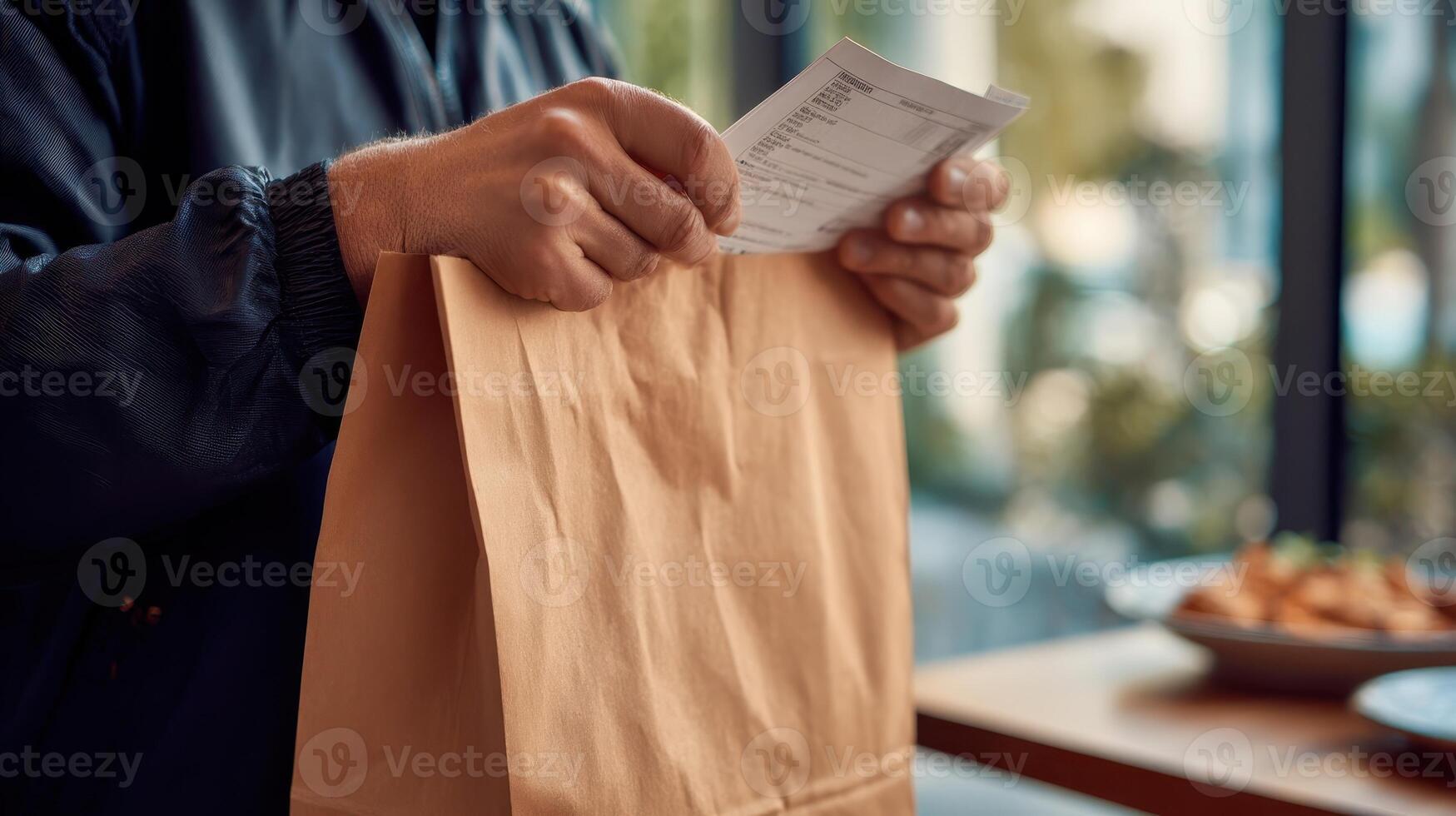Delivery person checks order details while preparing to hand off the package in a cafe setting photo