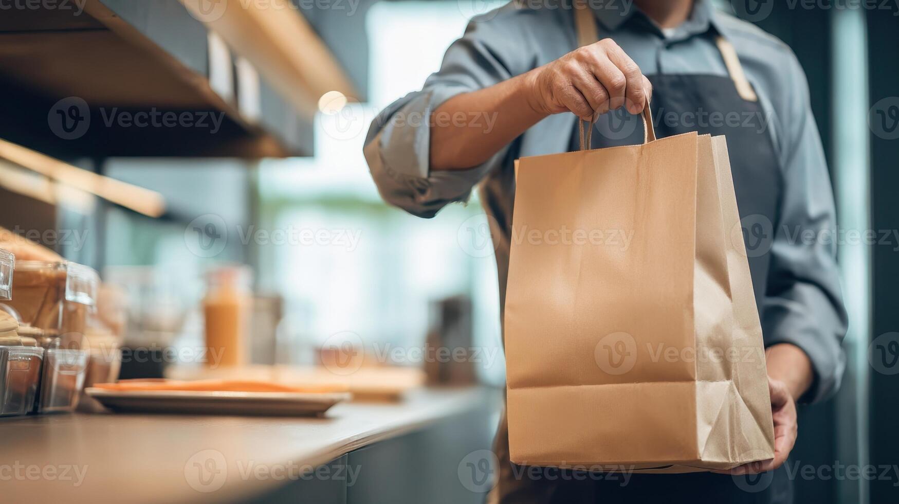 Delivery rider picks up an order bag from the counter in a cozy cafe setting in the morning photo