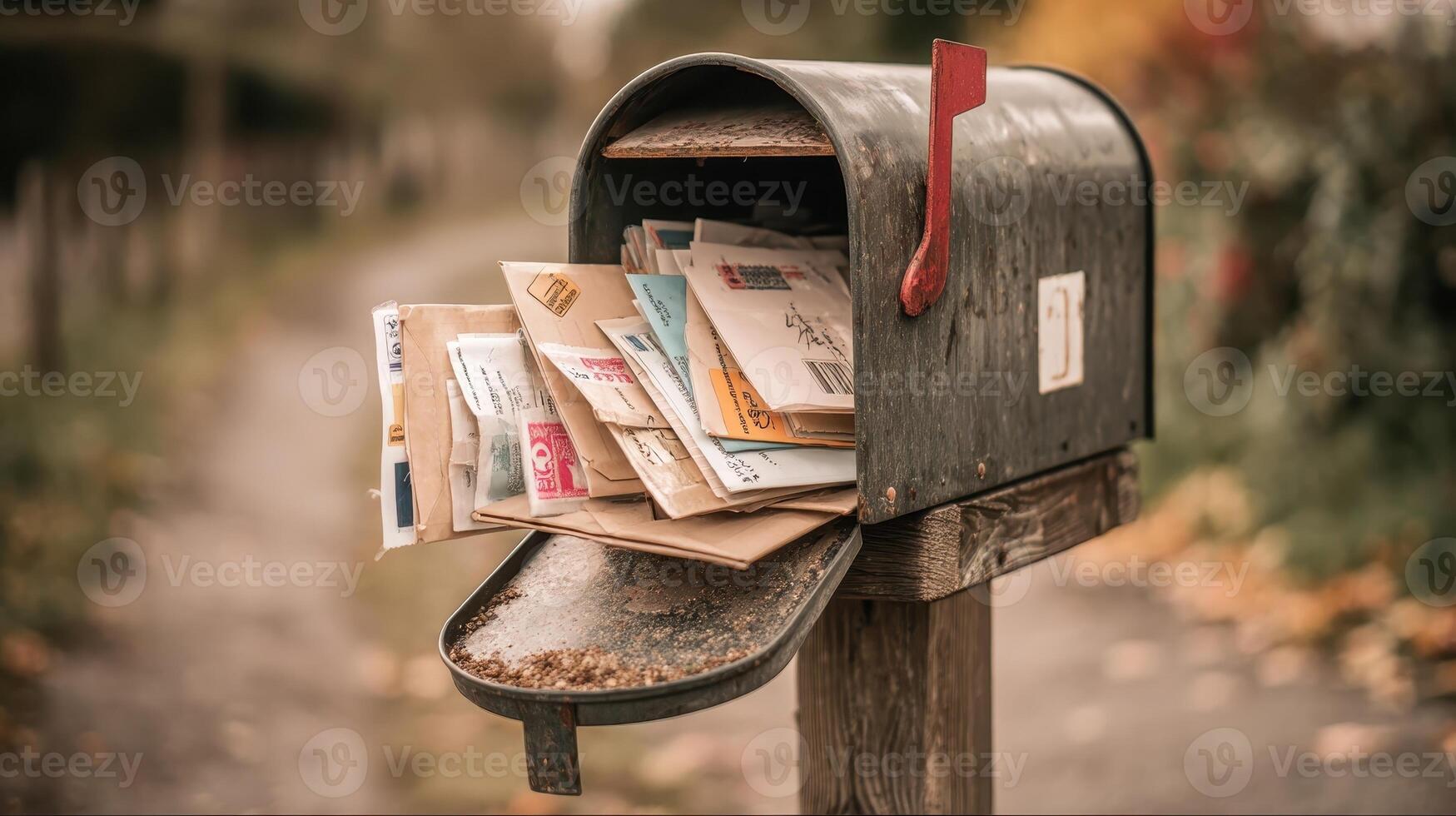Mailbox overflowing with letters and packages on a quiet fall afternoon photo