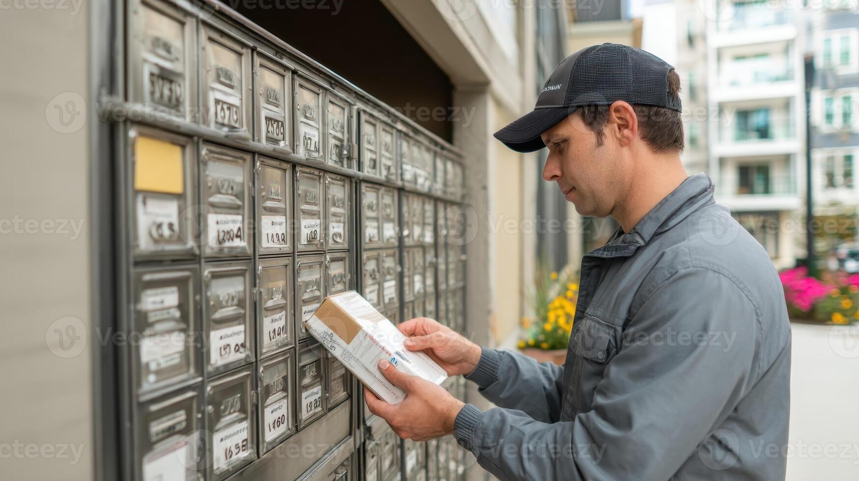 Mail carrier delivering package to cluster box in urban neighborhood during daylight hours photo