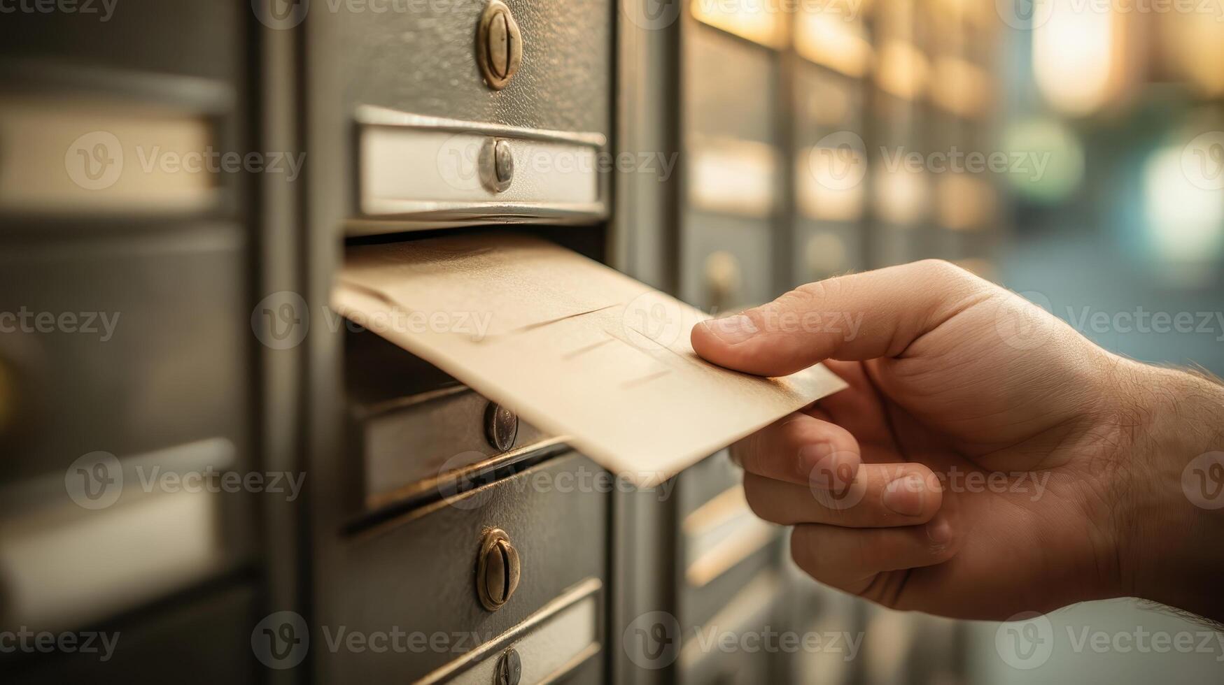 Hand retrieves bubble mailer from shared postal box during early evening hours in urban setting photo