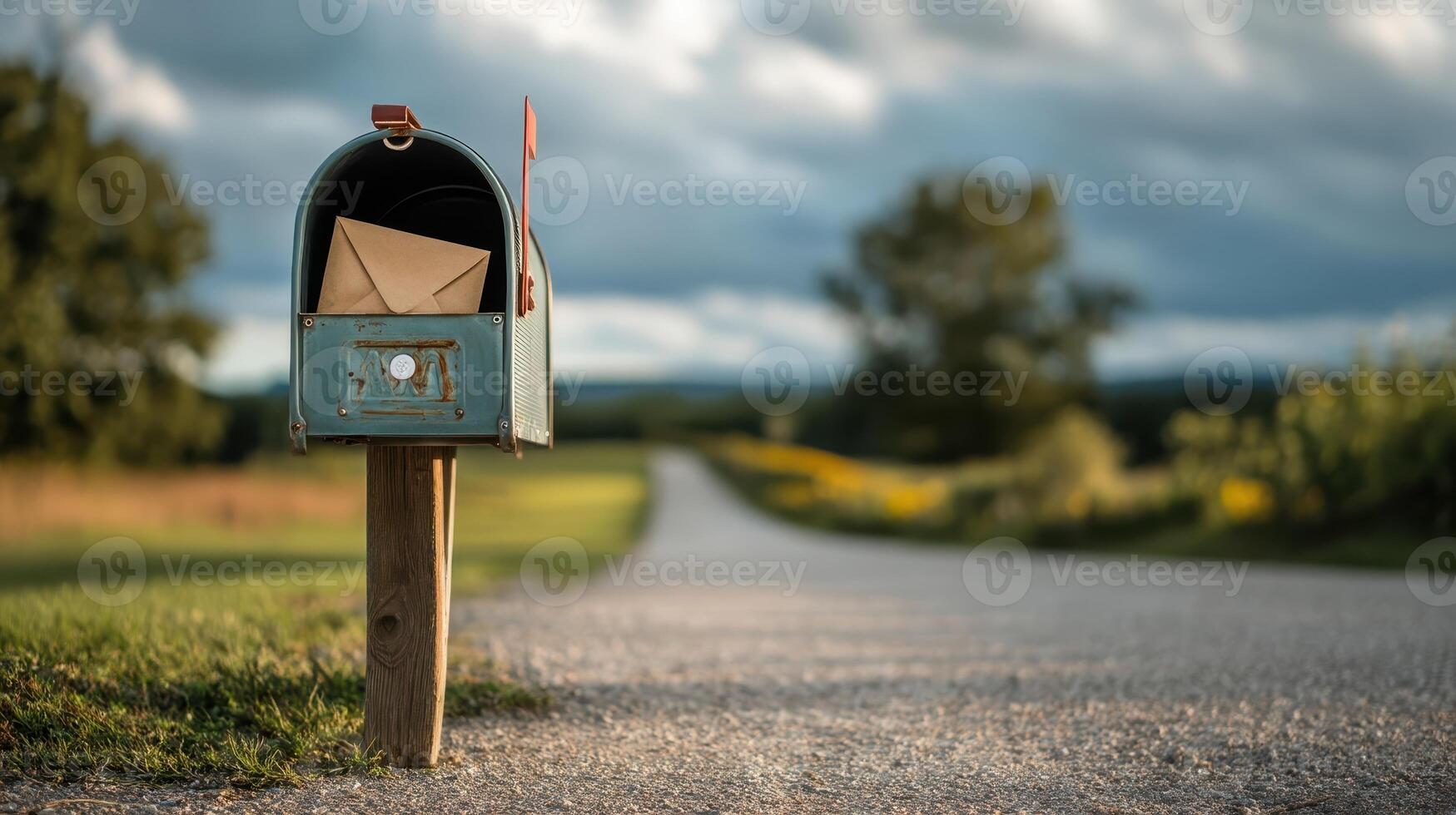 Padded envelope peeking out from a traditional mailbox along a rural road surrounded by green fields photo