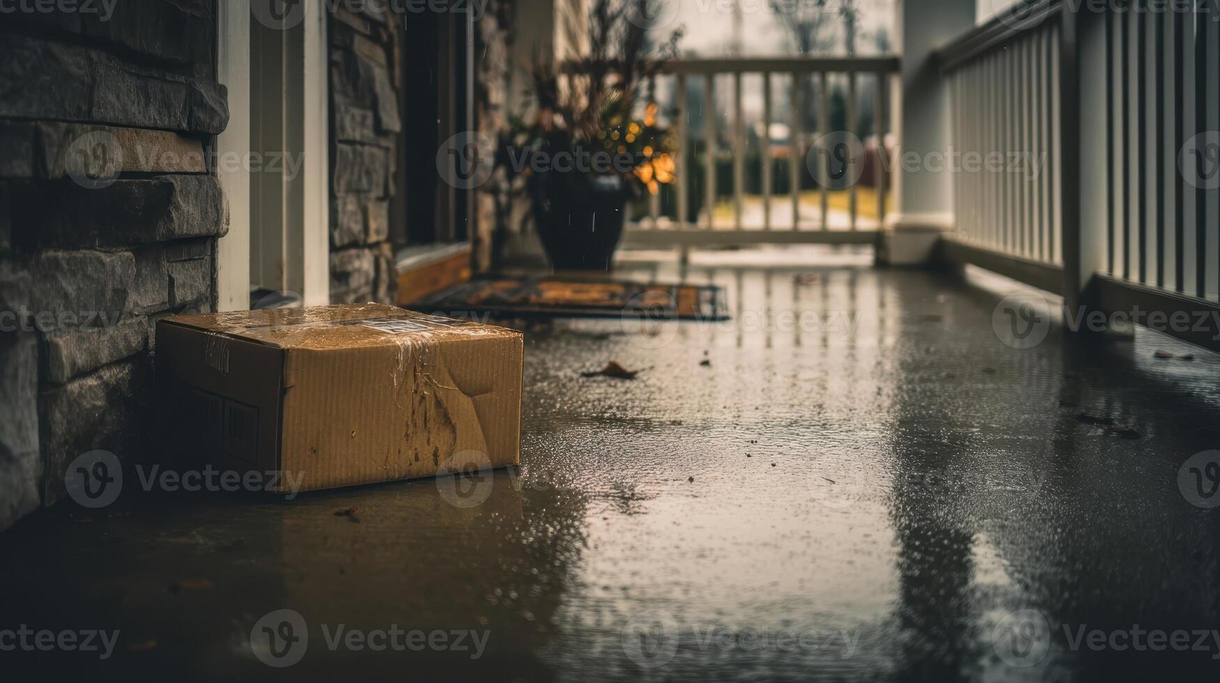 Cardboard box left on porch during rainy day delivery with wet sidewalk and cozy atmosphere photo