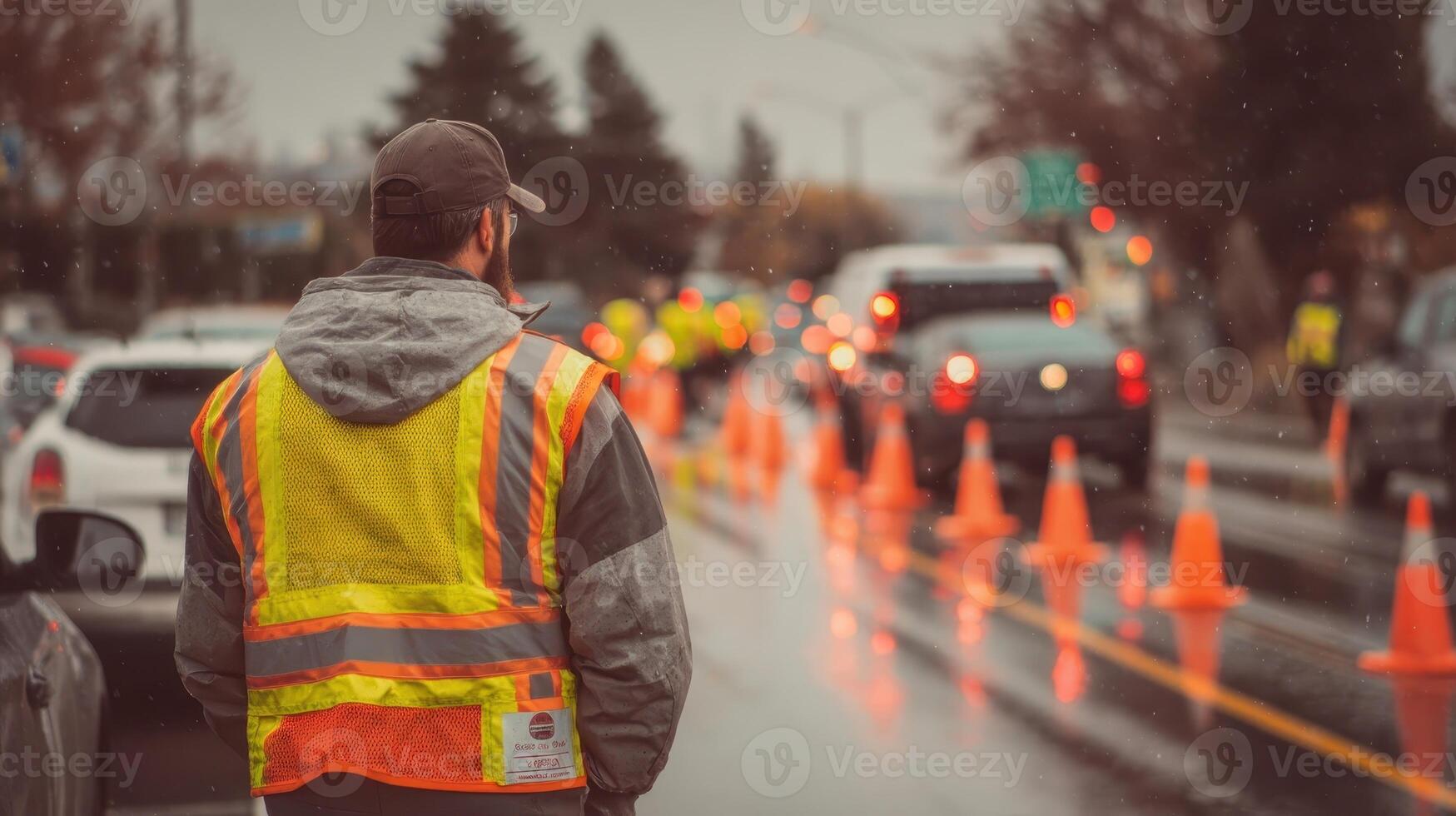 Safety officer oversees traffic management in construction zone on rainy day photo
